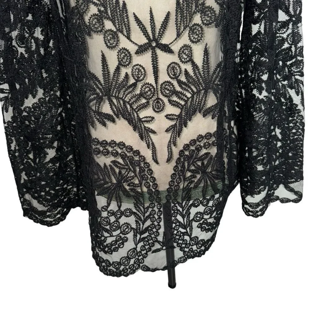 Simaier Solid Black Long Sleeve Sheer Round Neck Lace Floral Swim Coverup size M